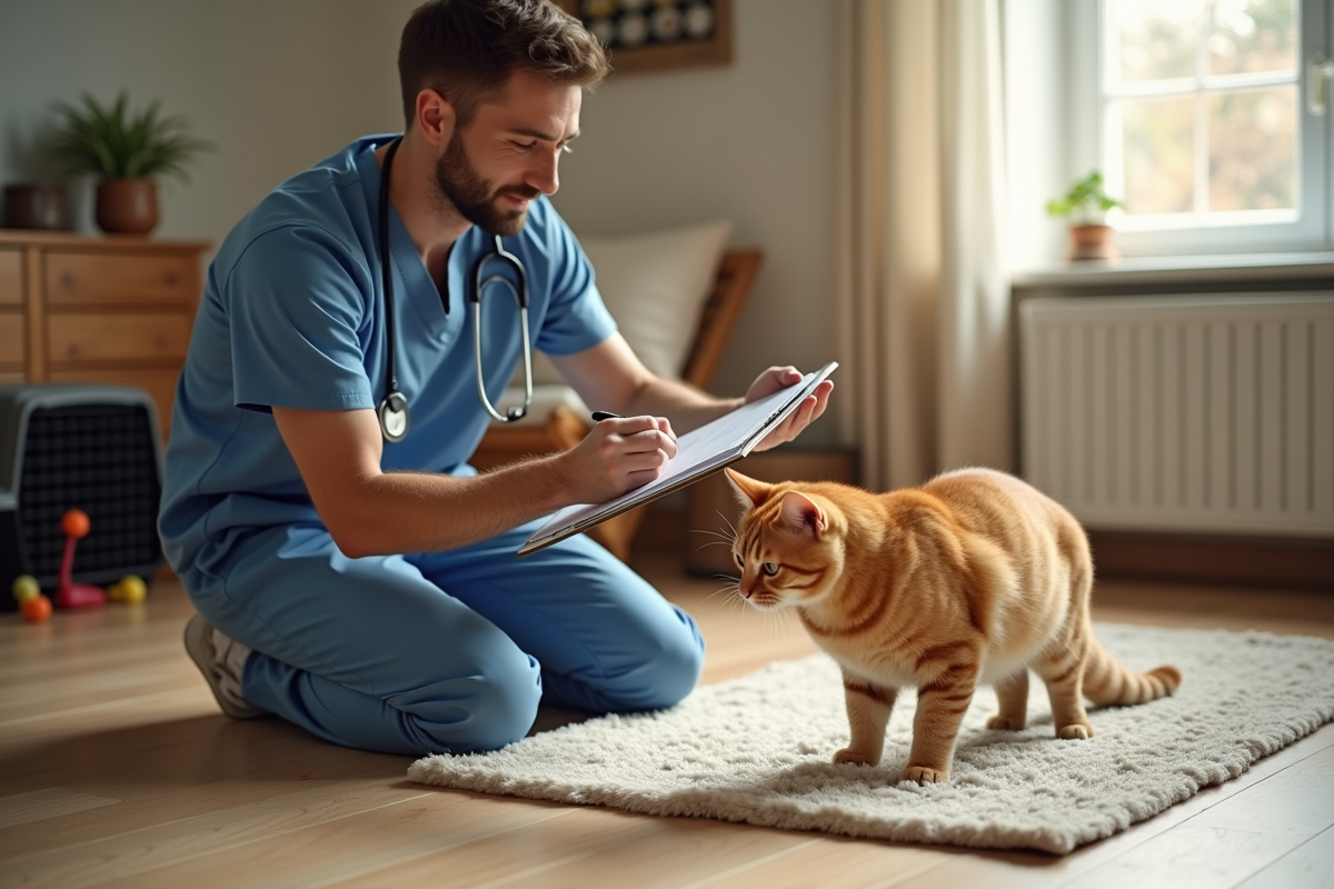 Vétérinaire examinant un chat ginger dans un intérieur domestique