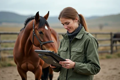 Vétérinaire équine femme en extérieur avec cheval