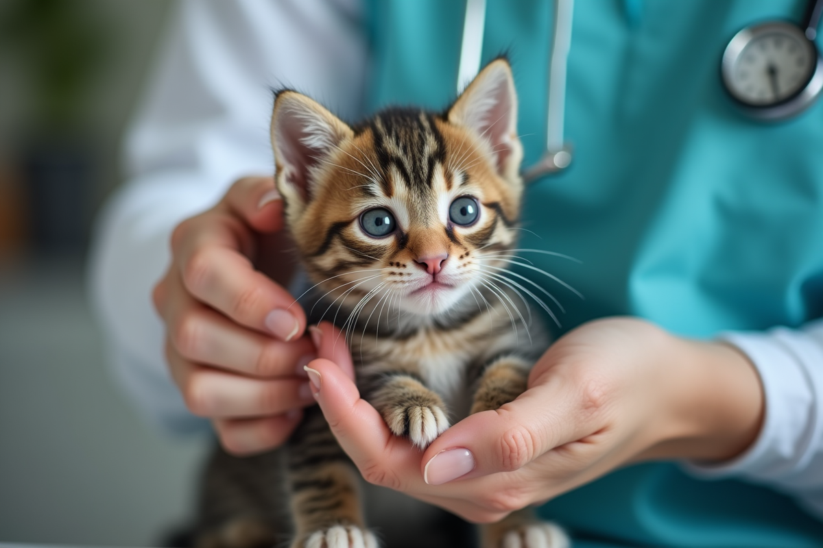 Vétérinaire examinant un chaton tacheté aux symptômes respiratoires