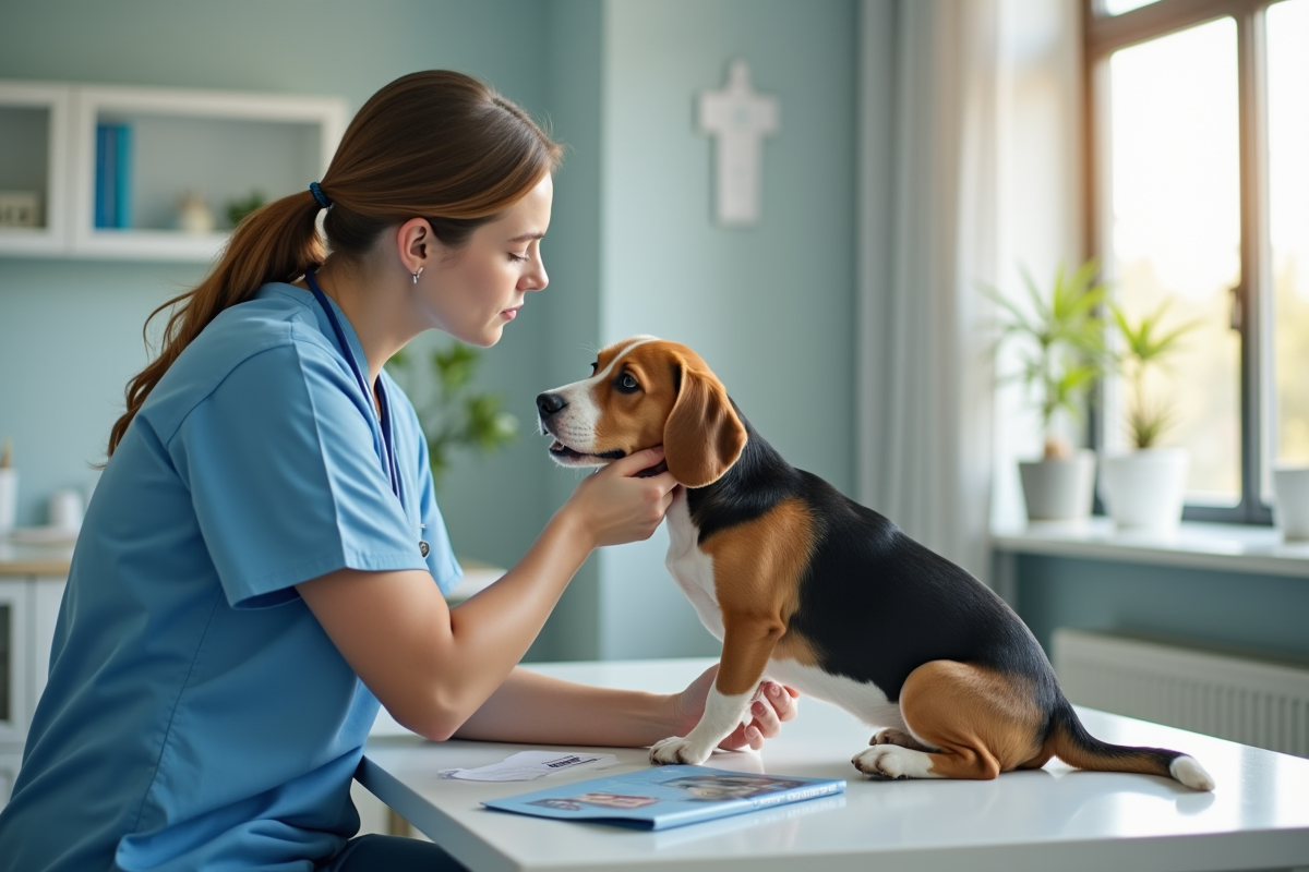 Vétérinaire examinant un vieux beagle dans une clinique moderne