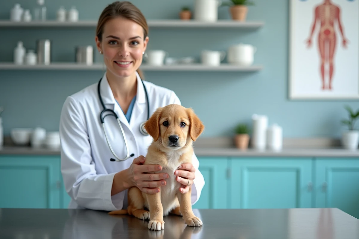 Vétérinaire examinant un chiot dans une clinique vétérinaire, conseils pour choisir un chiot en bonne santé en Gironde