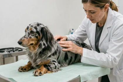 Vétérinaire examinant un teckel poil long arlequin sur une table de consultation, contrôle de la colonne vertébrale