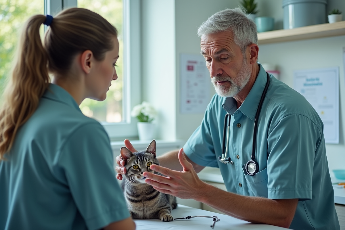 Vétérinaire rassurant une jeune femme avec un chat