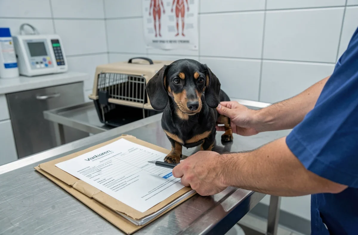 Vétérinaire examinant un teckel nain adulte importé de l'étranger avec documents d'adoption sur table d'examen