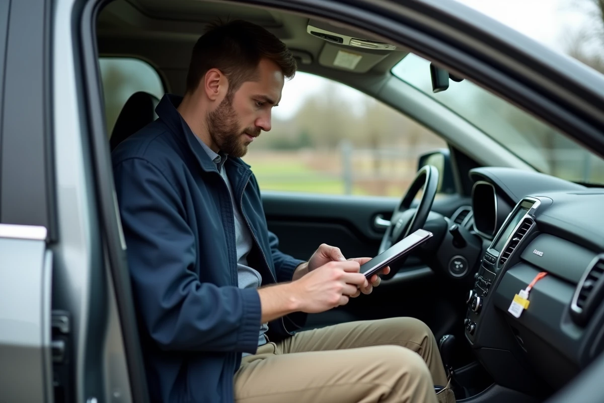 Vétérinaire jeune homme dans voiture avec tablette