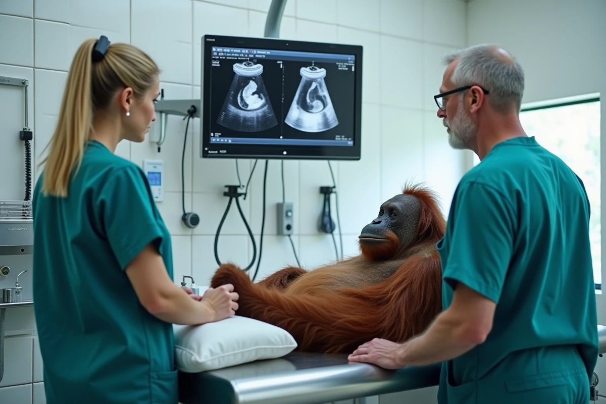 Vétérinaires de zoo examinant un orang-outan sous anesthésie dans une salle médicale moderne