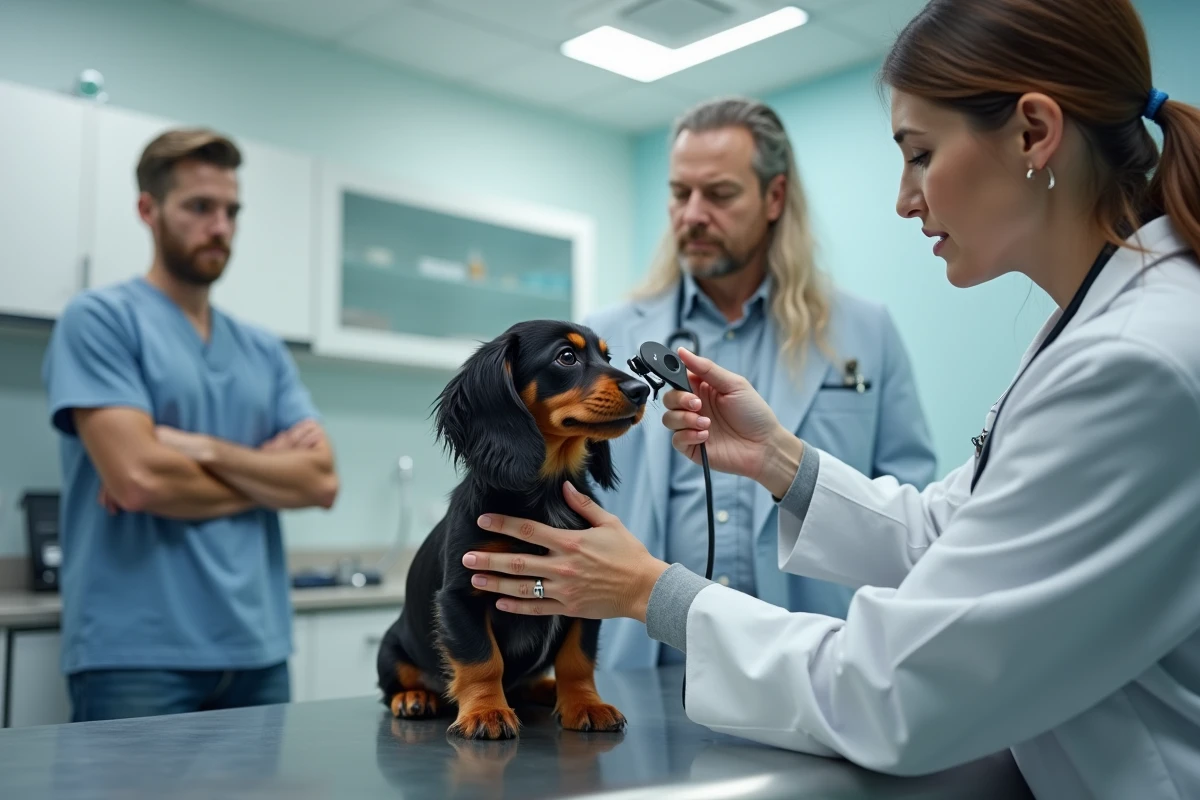 Vétérinaire examinant un chiot teckel arlequin poils longs en présence de ses futurs propriétaires dans une clinique vétérinaire