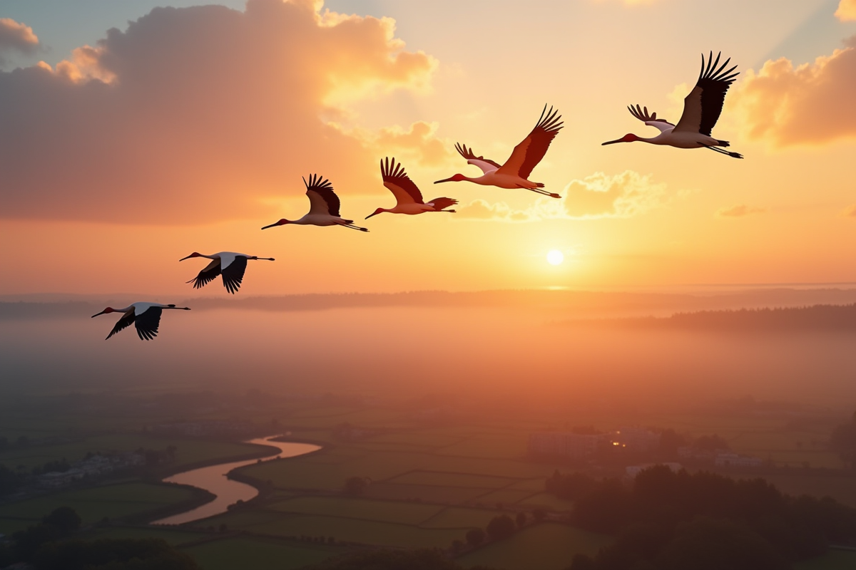 Flock de cigognes en vol au lever du soleil