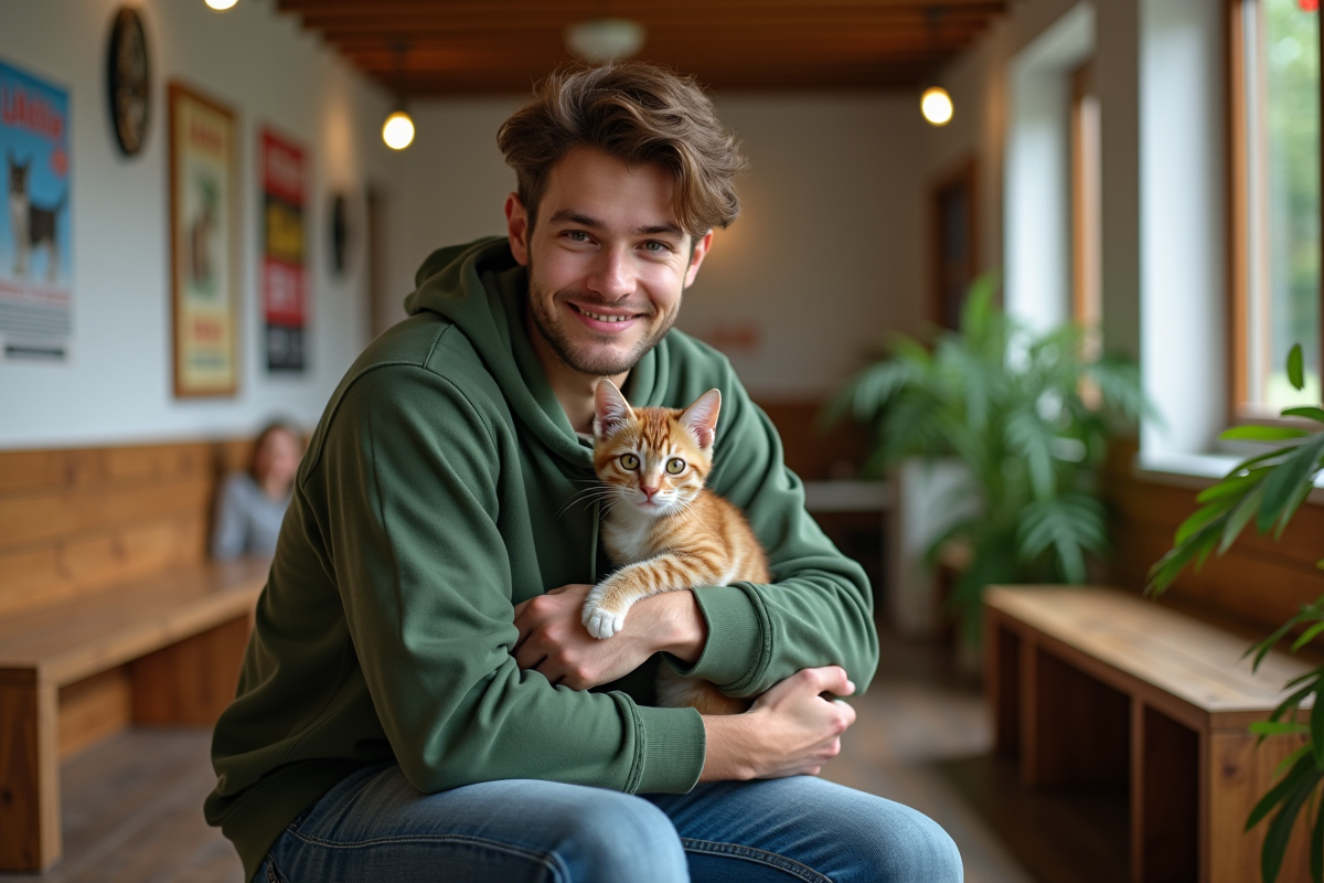 Jeune volontaire tenant un chaton dans un refuge SPA