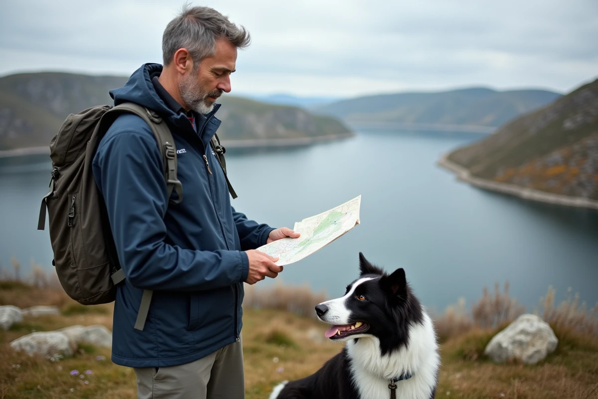 Homme avec son chien au bord d’un lac en randonnée